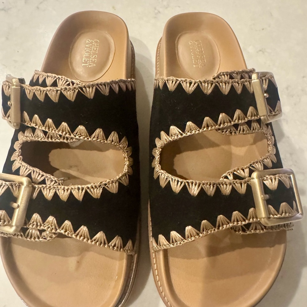 Chelsea & Violet Black Suede Double-Buckle Embroidered Slide Mules